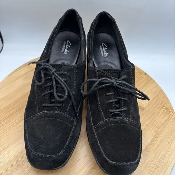 Clarks Bendables Honest Q Black Suede Oxford Pumps Lace Up Womens 8 W Wide Shoe - Picture 10 of 11